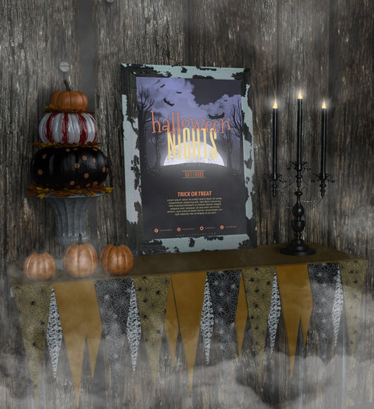 Free Halloween Nights Frame Mock-Up And Pile Of Pumpkins Psd