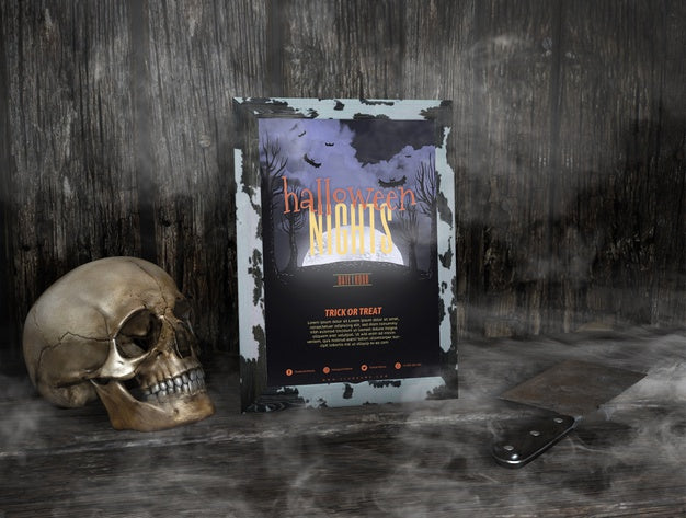 Free Halloween Nights Frame Mock-Up In The Mist And Skull Psd