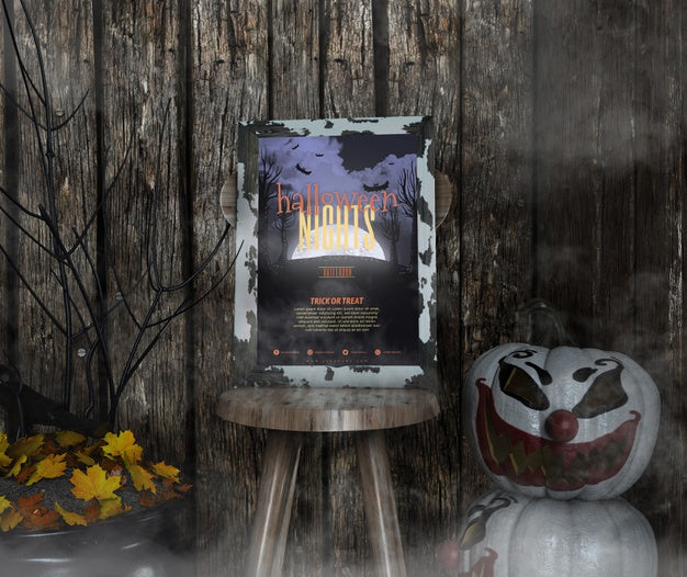 Free Halloween Nights Frame Mock-Up On A Chair And Mist Psd