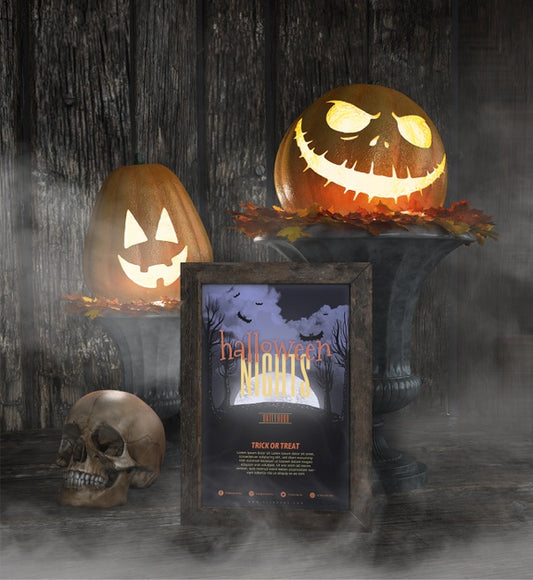 Free Halloween Nights Frame Mock-Up With Carved Pumpkin Psd