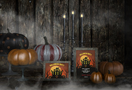 Free Halloween Party At The Haunted House Mock-Up And Pumpkins Psd