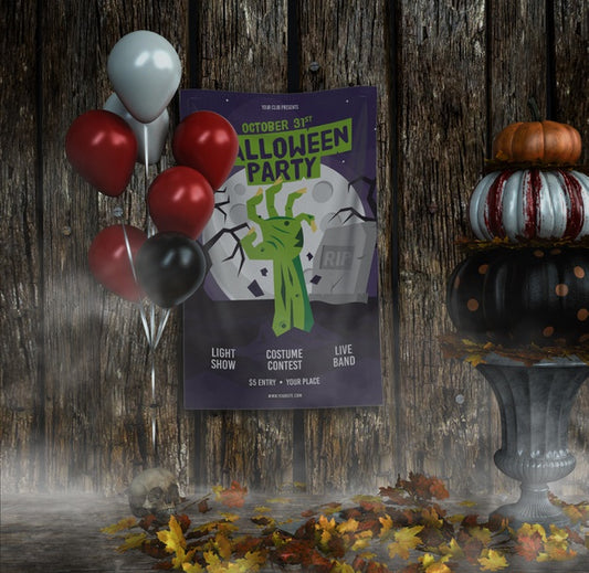 Free Halloween Party Zombie Hand Poster With Balloons Psd