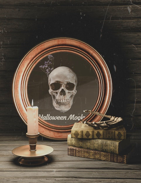Free Halloween Round Frame With Skull And Pile Of Books Psd