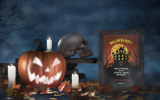 Free Halloween Season Arrangement With Skull And Horror Movie Poster Mock-Up Psd