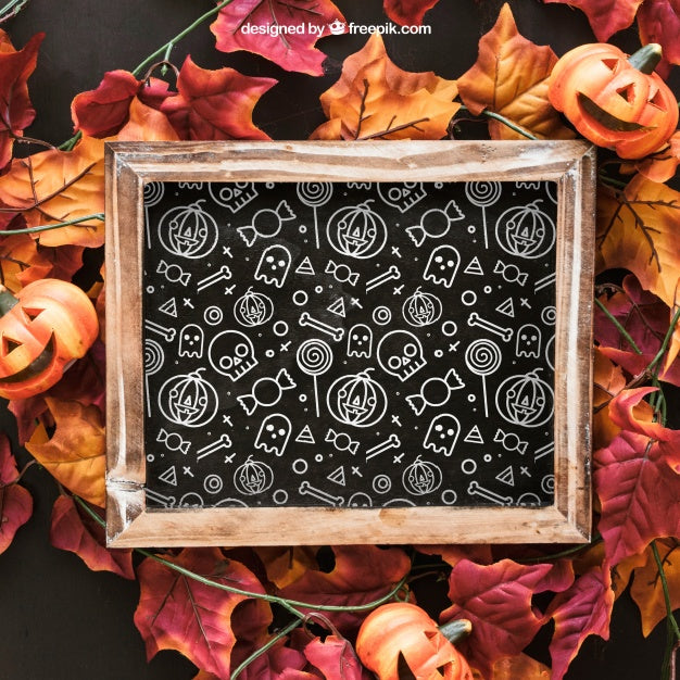 Free Halloween Slate Mockup On Autumn Leaves Psd