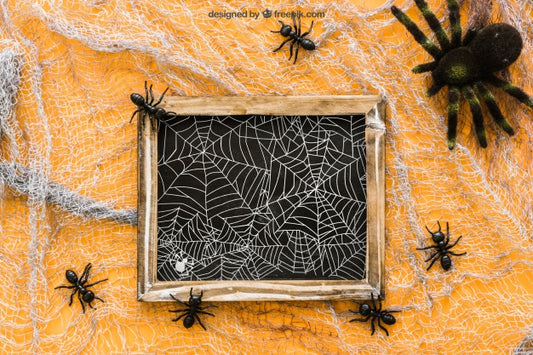 Free Halloween Slate Mockup With Ants And Spider Psd