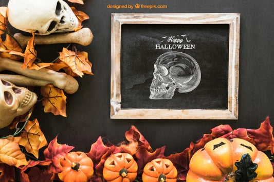 Free Halloween Slate Mockup With Autumn Leaves And Skull Psd