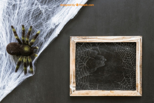 Free Halloween Slate Mockup With Cobweb And Spider Psd