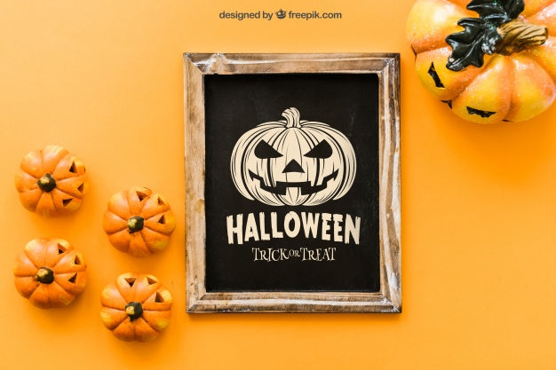 Free Halloween Slate Mockup With Creepy Pumpkins Psd