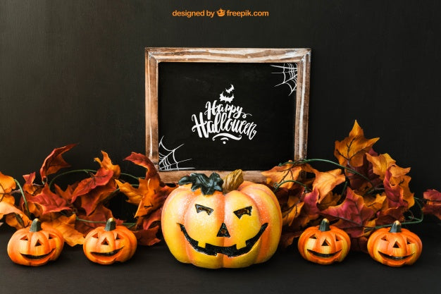 Free Halloween Slate Mockup With Five Pumpkins Psd