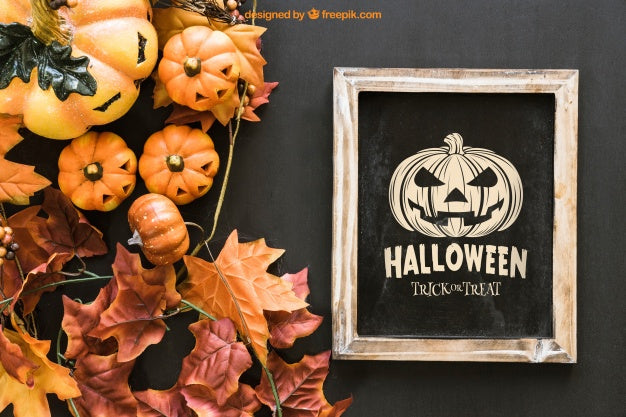 Free Halloween Slate Mockup With Leaves And Pumpkins Psd
