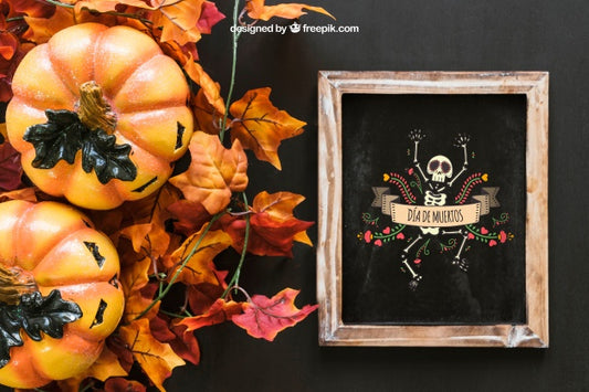 Free Halloween Slate Mockup With Pumpkins And Autumn Leaves Psd