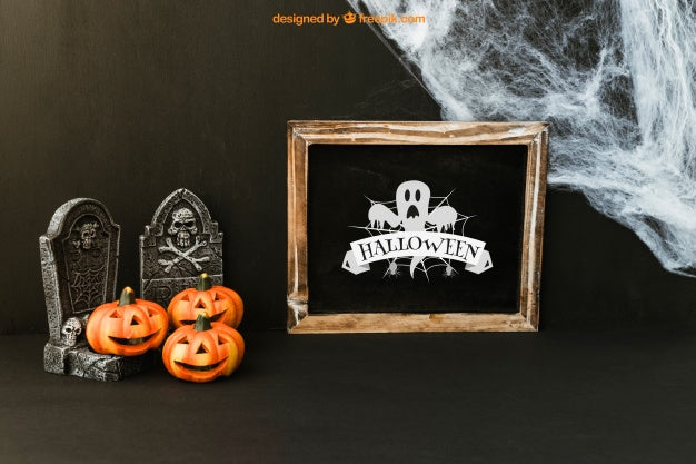 Free Halloween Slate Mockup With Pumpkins On Tombstones Psd
