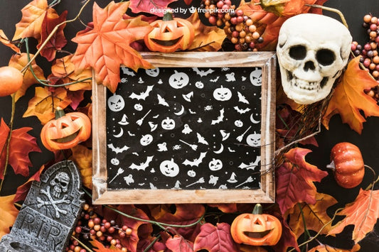 Free Halloween Slate Mockup With Skull And Tombstone On Leaves Psd