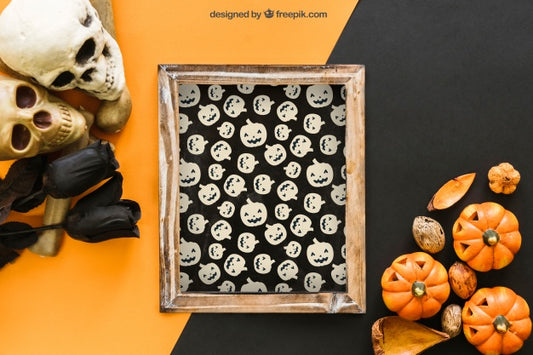 Free Halloween Slate Mockup With Skulls And Black Roses Psd