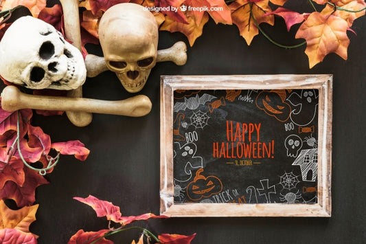 Free Halloween Slate Mockup With Skulls And Bones Psd
