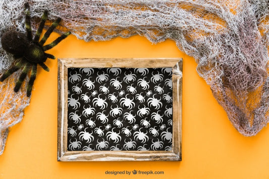 Free Halloween Slate Mockup With Spider And Web Psd
