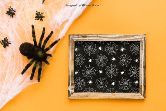 Free Halloween Slate Mockup With Spiders Psd