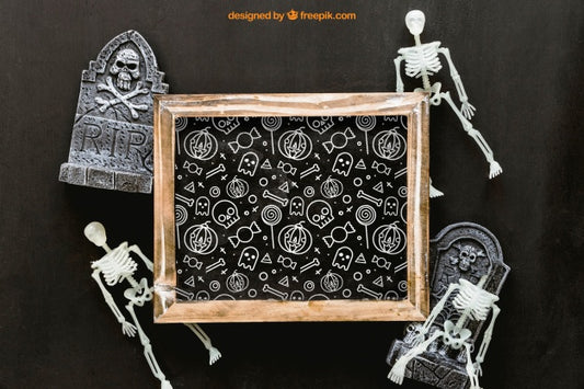 Free Halloween Slate Mockup With Tombstones And Skeletons Psd