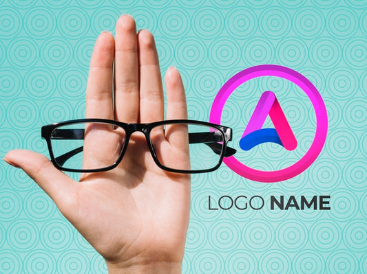 Free Hand Holding Glasses And Logo Name Design Psd