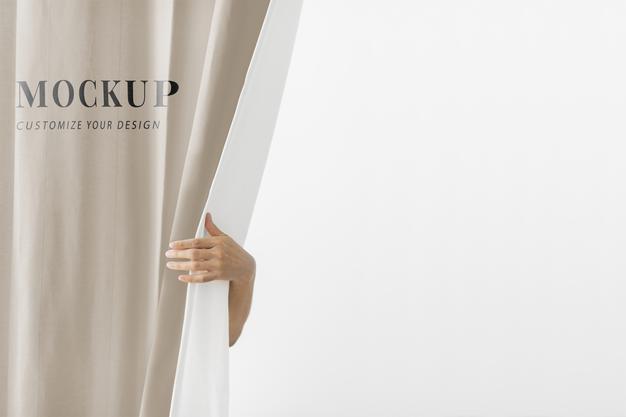 Free Hand Opening A Brown Curtain Mockup Psd