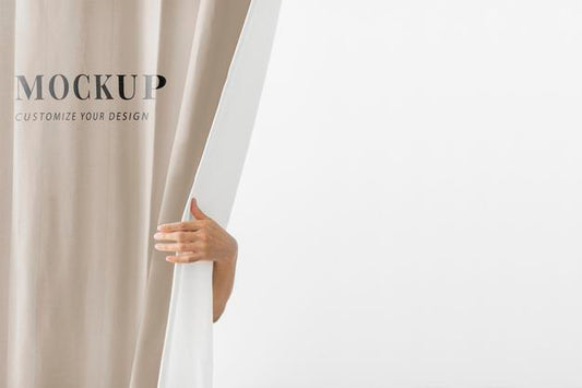 Free Hand Opening A Brown Curtain Mockup Psd