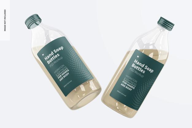 Free Hand Soap Clear Bottles Mockup, Floating Psd