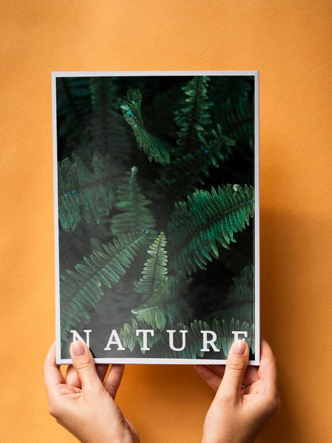 Free Hands Holding A Nature Magazine On A Orange Background Psd