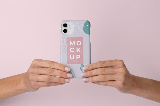 Free Hands Holding Smartphone With Mock-Up Phone Case Psd