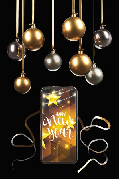 Free Hanging Globes Above Phone With New Year Theme Psd