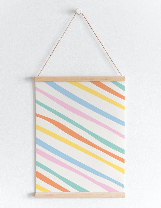 Free Hanging Poster Mockup Psd On White Wall With Pastel Stripes Pattern