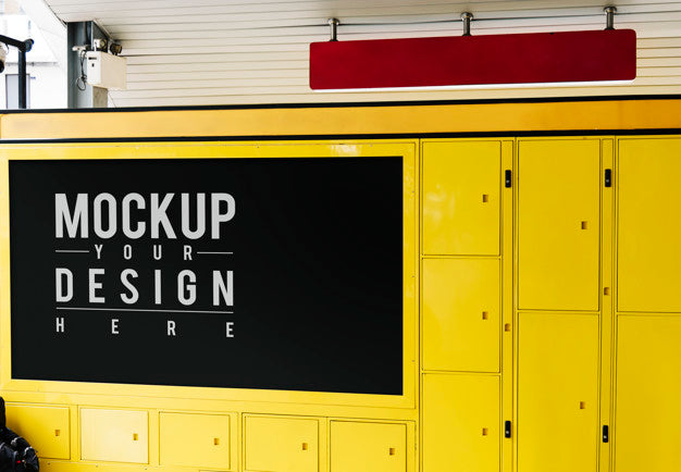 Free Hanging Red Sign Mockup Above Yellow Luggage Locker Psd