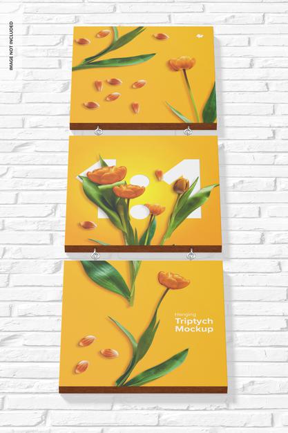 Free Hanging Triptych Mockup, Bottom Front View Psd