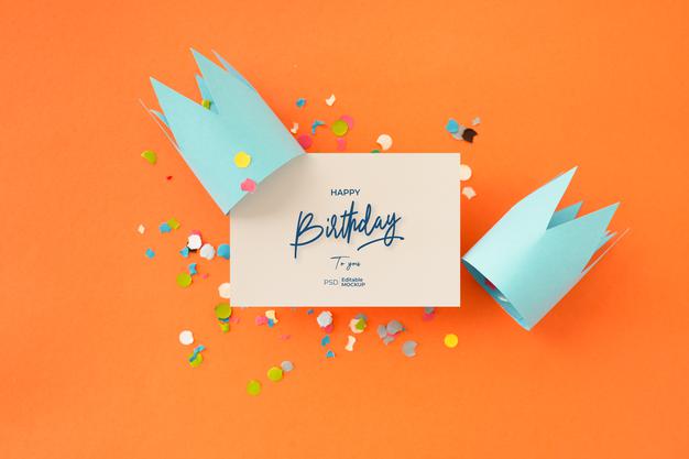 Free Happy Birthday Greeting Card Mockup With Lettering And Decoration, 3D Rendering Psd