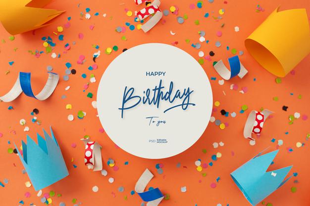 Free Happy Birthday Greeting Card Mockup With Lettering And Decoration, 3D Rendering Psd