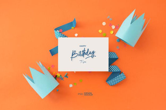 Free Happy Birthday Greeting Card Mockup With Lettering And Decoration, Top View Psd