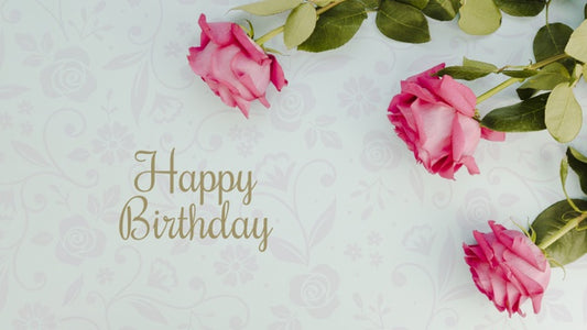Free Happy Birthday Mock-Up And Flowers Top View Psd