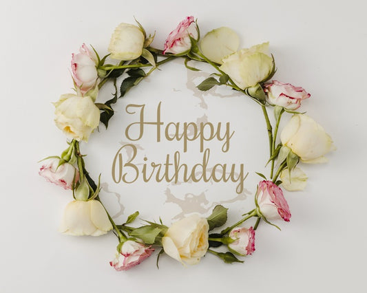 Free Happy Birthday Mock-Up And Wreath Of Flowers Psd