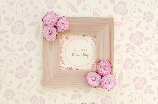 Free Happy Birthday Mock-Up Frame With Flowers Psd
