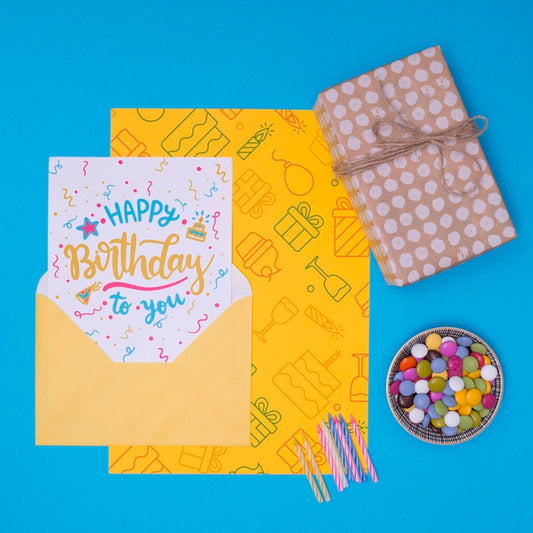 Free Happy Birthday Mock-Up Gift With Cake Candles Psd