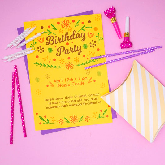 Free Happy Birthday Mock-Up Letter Invitation And Straws Psd