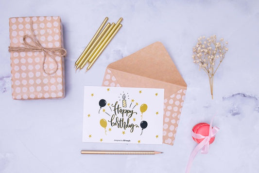 Free Happy Birthday Mock-Up With Dried Flower And Envelope Psd