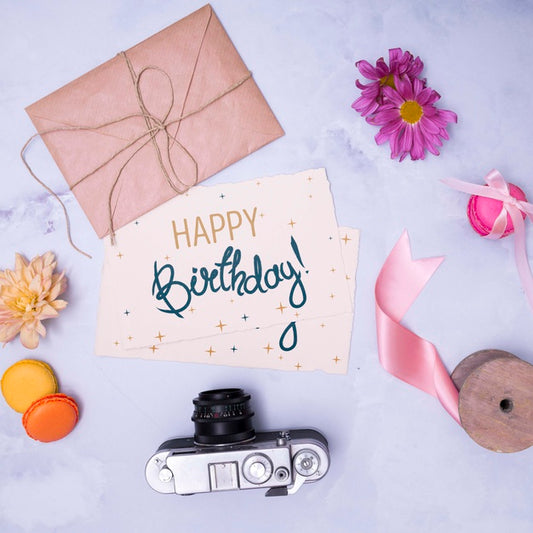 Free Happy Birthday Mock-Up With Envelope And Retro Camera Psd