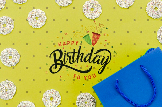Free Happy Birthday Mock-Up With Shopping Bag And Doughnuts Psd