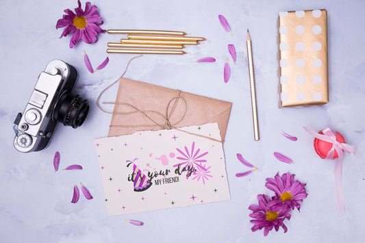 Free Happy Birthday Mock-Up With Tied Envelopes And Flowers Psd