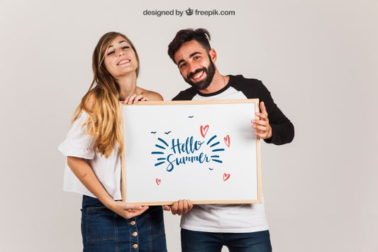 Free Happy Couple Presenting Whiteboard Psd