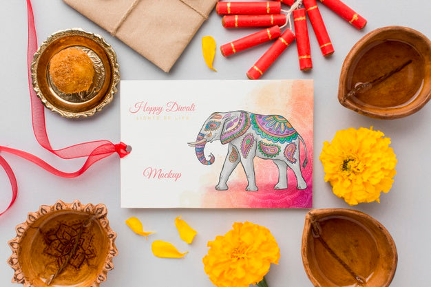 Free Happy Diwali Festival Mock-Up Watercolor Card With Ribbon Psd