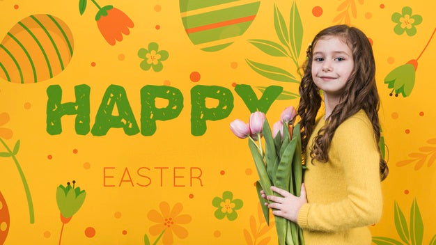 Free Happy Easter Day Mockup With Girl And Flowers Psd