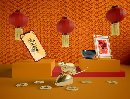 Free Happy New Chinese Year With Phone Mock-Up Psd