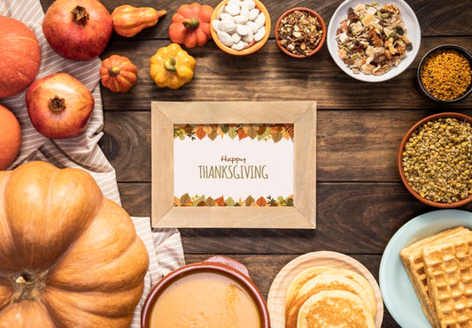 Free Happy Thanksgiving Day Mock-Up Surrounded By Delicious Food Psd